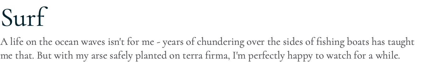 Surf A life on the ocean waves isn't for me - years of chundering over the sides of fishing boats has taught me that. But with my arse safely planted on terra firma, I'm perfectly happy to watch for a while.