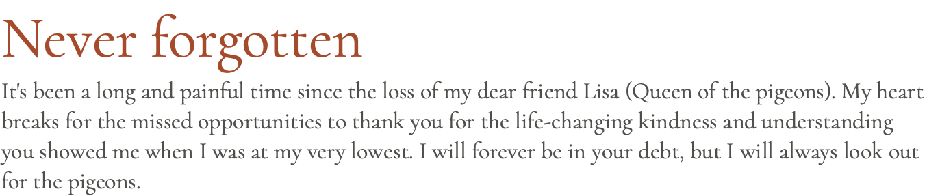 Never forgotten It's been a long and painful time since the loss of my dear friend Lisa (Queen of the pigeons). My heart breaks for the missed opportunities to thank you for the life-changing kindness and understanding you showed me when I was at my very lowest. I will forever be in your debt, but I will always look out for the pigeons.