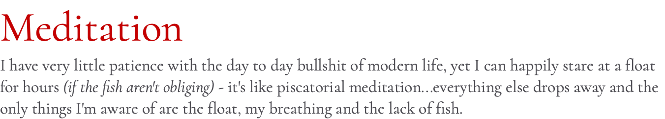 Meditation I have very little patience with the day to day bullshit of modern life, yet I can happily stare at a float for hours (if the fish aren't obliging) - it's like piscatorial meditation...everything else drops away and the only things I'm aware of are the float, my breathing and the lack of fish.